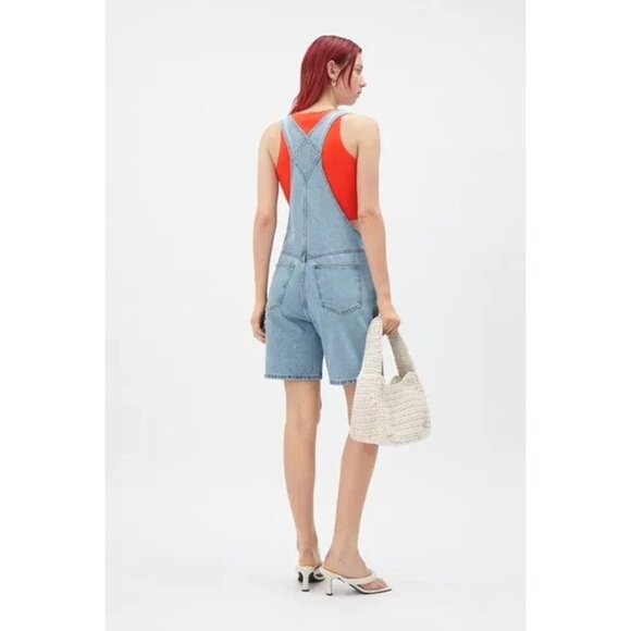WEEKDAY Dusty Dungaree Denim Overall Shorts Blue Sz 34 NWT Baggy 90s Y2K Grunge - Picture 3 of 12